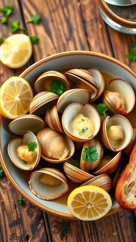 Garlic butter clams in a bowl with parsley and lemon, served with crusty bread.